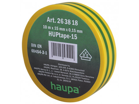 Изолента ПВХ HAUPA желто-зеленая 15 мм x 10 м d=60 мм в Губкинском